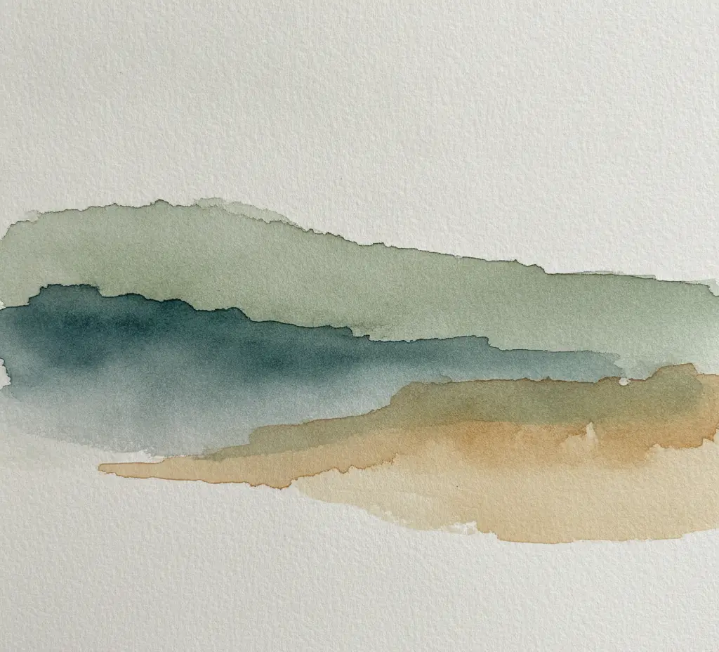 A soft watercolour wash in calm greens, teal, and warm sand on textured paper — overlapping horizontal washes suggesting a quiet, open landscape.