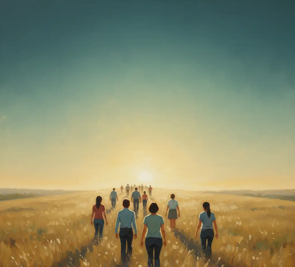 A painterly scene of people walking together through tall golden prairie grass toward a glowing sunrise on the horizon, under a wide teal sky.