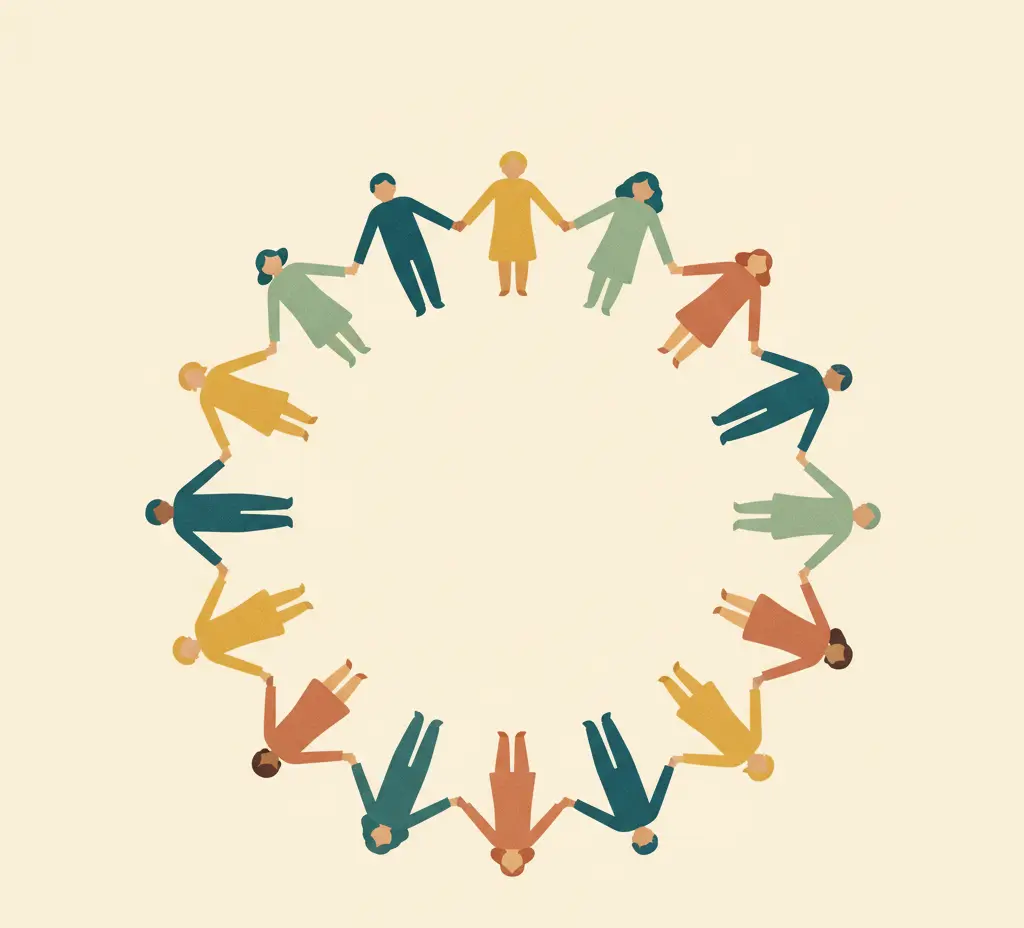 A flat illustration of stylized people in many colours standing in a ring, hand in hand, forming an unbroken circle — humanity in the round.