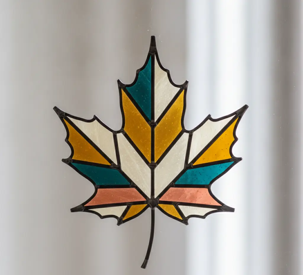 A stained-glass Canadian maple leaf made of distinct coloured panes — teal, gold, cream, and warm coral — leaded together into one shared emblem.